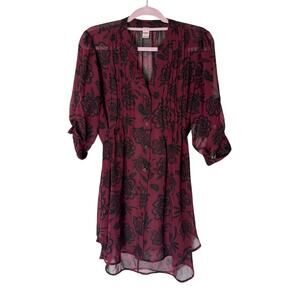 BONGO Burgandy Maroon w/Black Flowers 3/4" Sleeve Semi Sheer Blouse Top Size L